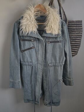 Somedays Lovin Light Blue Denim Jacket with Ivory Faux Fur Collar